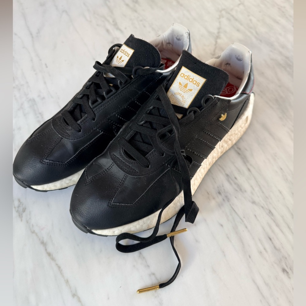 adidas Black and White Retro Runner Sneakers with Gold Accents - Picture 2 of 5